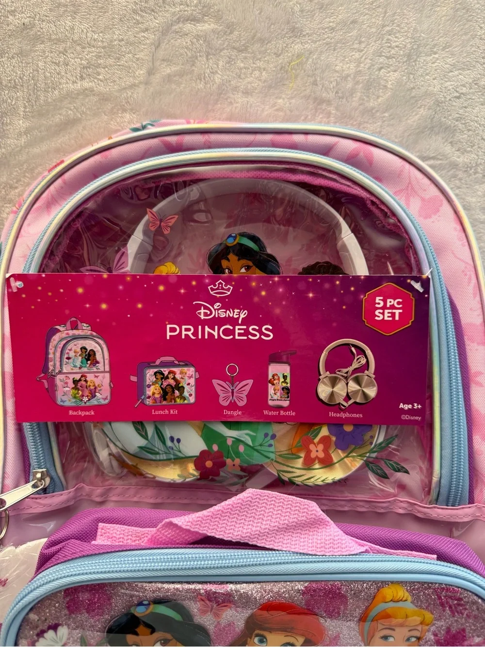 Disney Princess Girls 5 Piece Backpack Set Lunch Bag Headphones Water Bottle